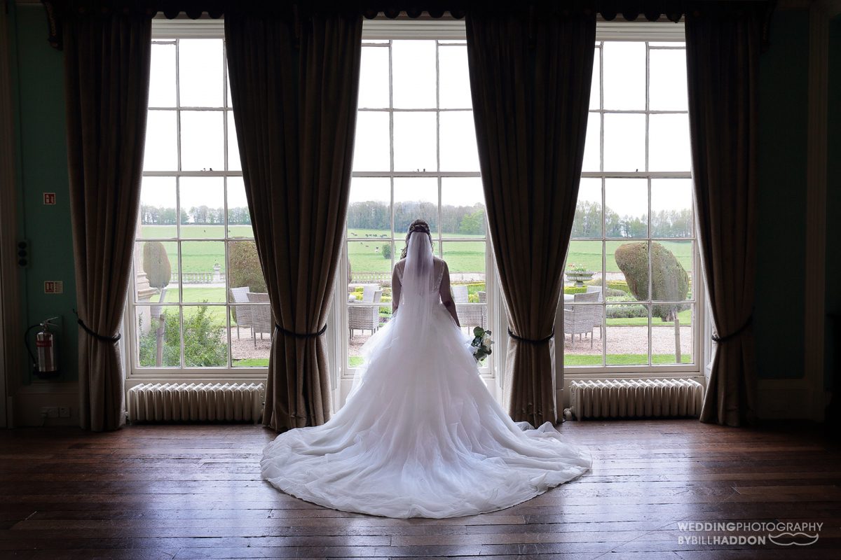 Prestwold Hall wedding bride in window